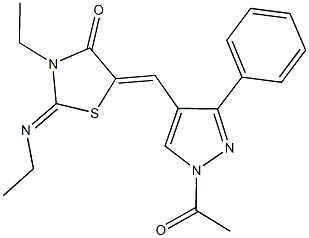 5-[(1-acetyl-3-phenyl-1H-pyrazol-4-yl)methylene]-3-ethyl-2-(ethylimino)-1,3-thiazolidin-4-one Struktur