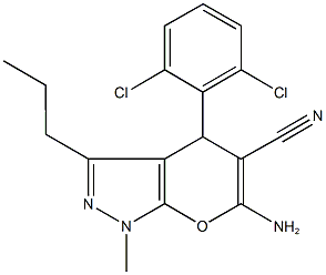 6-amino-4-(2,6-dichlorophenyl)-1-methyl-3-propyl-1,4-dihydropyrano[2,3-c]pyrazole-5-carbonitrile Struktur