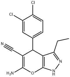 6-amino-4-(3,4-dichlorophenyl)-3-ethyl-1,4-dihydropyrano[2,3-c]pyrazole-5-carbonitrile Struktur