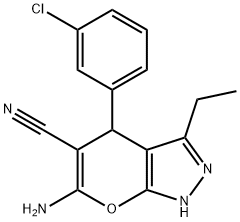 6-amino-4-(3-chlorophenyl)-3-ethyl-1,4-dihydropyrano[2,3-c]pyrazole-5-carbonitrile Struktur