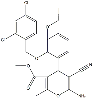 methyl 6-amino-5-cyano-4-{2-[(2,4-dichlorobenzyl)oxy]-3-ethoxyphenyl}-2-methyl-4H-pyran-3-carboxylate Struktur