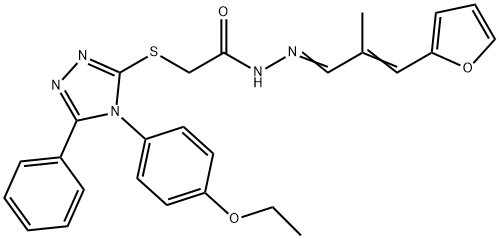 2-{[4-(4-ethoxyphenyl)-5-phenyl-4H-1,2,4-triazol-3-yl]sulfanyl}-N'-[3-(2-furyl)-2-methyl-2-propenylidene]acetohydrazide Struktur