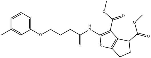 dimethyl 2-{[4-(3-methylphenoxy)butanoyl]amino}-5,6-dihydro-4H-cyclopenta[b]thiophene-3,4-dicarboxylate Struktur