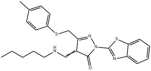 2-(1,3-benzothiazol-2-yl)-5-{[(4-methylphenyl)sulfanyl]methyl}-4-[(pentylamino)methylene]-2,4-dihydro-3H-pyrazol-3-one Struktur