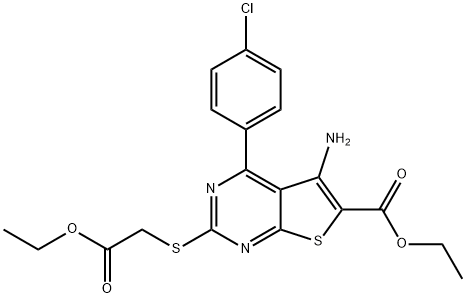 ethyl 5-amino-4-(4-chlorophenyl)-2-[(2-ethoxy-2-oxoethyl)thio]thieno[2,3-d]pyrimidine-6-carboxylate Struktur