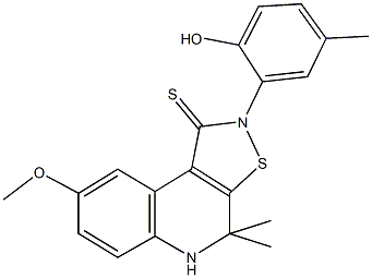 2-(2-hydroxy-5-methylphenyl)-8-methoxy-4,4-dimethyl-4,5-dihydroisothiazolo[5,4-c]quinoline-1(2H)-thione Struktur