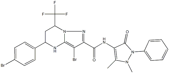 3-bromo-5-(4-bromophenyl)-N-(1,5-dimethyl-3-oxo-2-phenyl-2,3-dihydro-1H-pyrazol-4-yl)-7-(trifluoromethyl)-4,5,6,7-tetrahydropyrazolo[1,5-a]pyrimidine-2-carboxamide Struktur