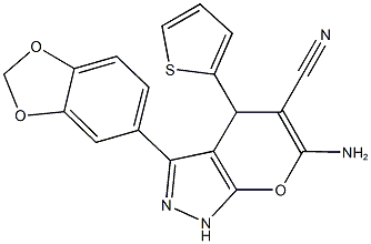 6-amino-3-(1,3-benzodioxol-5-yl)-4-(2-thienyl)-1,4-dihydropyrano[2,3-c]pyrazole-5-carbonitrile Struktur