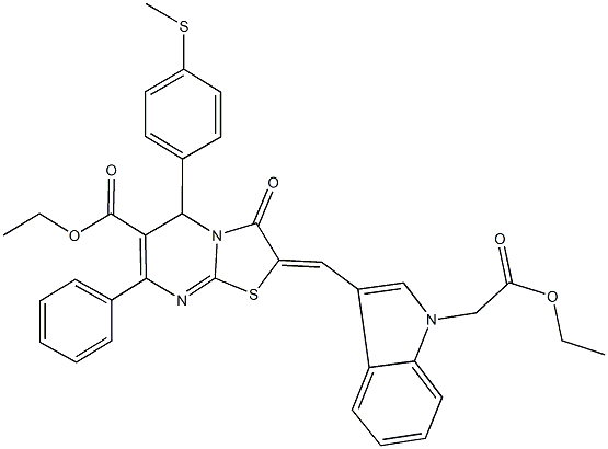 ethyl 2-{[1-(2-ethoxy-2-oxoethyl)-1H-indol-3-yl]methylene}-5-[4-(methylsulfanyl)phenyl]-3-oxo-7-phenyl-2,3-dihydro-5H-[1,3]thiazolo[3,2-a]pyrimidine-6-carboxylate Struktur