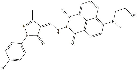 2-({[1-(4-chlorophenyl)-3-methyl-5-oxo-1,5-dihydro-4H-pyrazol-4-ylidene]methyl}amino)-6-[(2-hydroxyethyl)(methyl)amino]-1H-benzo[de]isoquinoline-1,3(2H)-dione Struktur