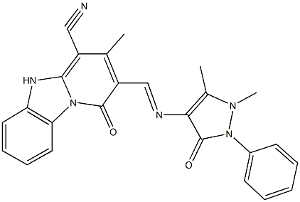 2-{[(1,5-dimethyl-3-oxo-2-phenyl-2,3-dihydro-1H-pyrazol-4-yl)imino]methyl}-3-methyl-1-oxo-1,5-dihydropyrido[1,2-a]benzimidazole-4-carbonitrile Struktur