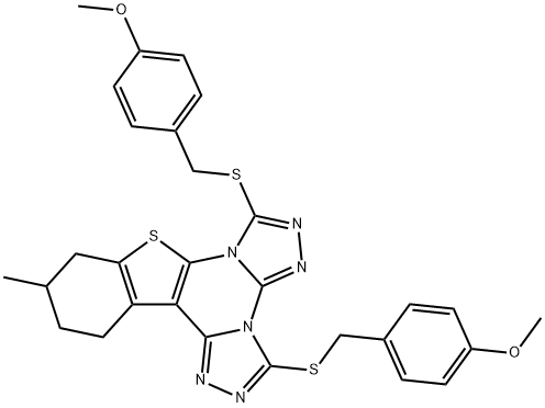 3,7-bis[(4-methoxybenzyl)sulfanyl]-11-methyl-10,11,12,13-tetrahydro[1]benzothieno[3,2-e]di[1,2,4]triazolo[4,3-a:4,3-c]pyrimidine Struktur