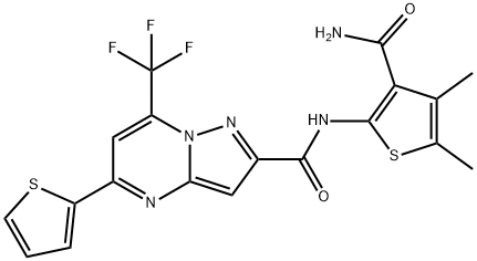 N-[3-(aminocarbonyl)-4,5-dimethyl-2-thienyl]-5-(2-thienyl)-7-(trifluoromethyl)pyrazolo[1,5-a]pyrimidine-2-carboxamide Struktur