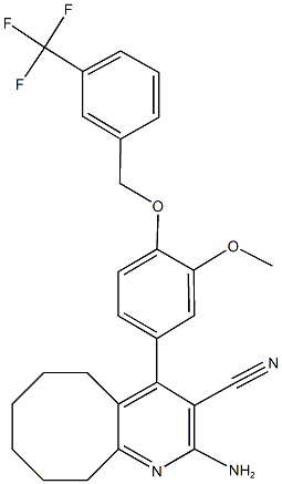 2-amino-4-(3-methoxy-4-{[3-(trifluoromethyl)benzyl]oxy}phenyl)-5,6,7,8,9,10-hexahydrocycloocta[b]pyridine-3-carbonitrile Struktur