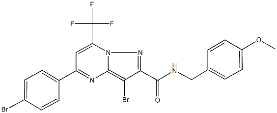 3-bromo-5-(4-bromophenyl)-N-(4-methoxybenzyl)-7-(trifluoromethyl)pyrazolo[1,5-a]pyrimidine-2-carboxamide Struktur