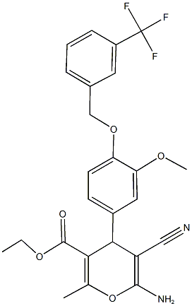 ethyl 6-amino-5-cyano-4-(3-methoxy-4-{[3-(trifluoromethyl)benzyl]oxy}phenyl)-2-methyl-4H-pyran-3-carboxylate Struktur