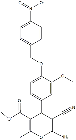 methyl 6-amino-5-cyano-4-[4-({4-nitrobenzyl}oxy)-3-methoxyphenyl]-2-methyl-4H-pyran-3-carboxylate Struktur