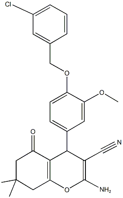 2-amino-4-{4-[(3-chlorobenzyl)oxy]-3-methoxyphenyl}-7,7-dimethyl-5-oxo-5,6,7,8-tetrahydro-4H-chromene-3-carbonitrile Struktur