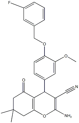 2-amino-4-{4-[(3-fluorobenzyl)oxy]-3-methoxyphenyl}-7,7-dimethyl-5-oxo-5,6,7,8-tetrahydro-4H-chromene-3-carbonitrile Struktur