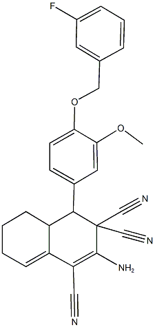 2-amino-4-{4-[(3-fluorobenzyl)oxy]-3-methoxyphenyl}-4a,5,6,7-tetrahydro-1,3,3(4H)-naphthalenetricarbonitrile Struktur