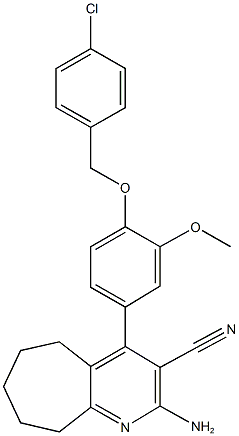 2-amino-4-{4-[(4-chlorobenzyl)oxy]-3-methoxyphenyl}-6,7,8,9-tetrahydro-5H-cyclohepta[b]pyridine-3-carbonitrile Struktur