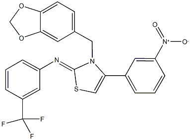 3-(1,3-benzodioxol-5-ylmethyl)-4-{3-nitrophenyl}-2-{[3-(trifluoromethyl)phenyl]imino}-2,3-dihydro-1,3-thiazole Struktur