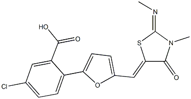 5-chloro-2-(5-{[3-methyl-2-(methylimino)-4-oxo-1,3-thiazolidin-5-ylidene]methyl}-2-furyl)benzoic acid Struktur