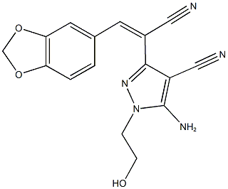 5-amino-3-[2-(1,3-benzodioxol-5-yl)-1-cyanovinyl]-1-(2-hydroxyethyl)-1H-pyrazole-4-carbonitrile Struktur