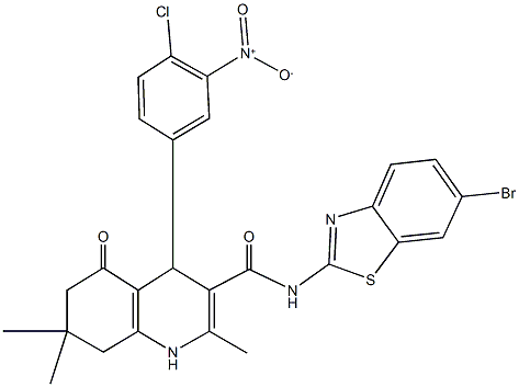 N-(6-bromo-1,3-benzothiazol-2-yl)-4-{4-chloro-3-nitrophenyl}-2,7,7-trimethyl-5-oxo-1,4,5,6,7,8-hexahydro-3-quinolinecarboxamide Struktur