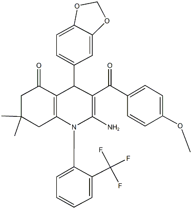 2-amino-4-(1,3-benzodioxol-5-yl)-3-(4-methoxybenzoyl)-7,7-dimethyl-1-[2-(trifluoromethyl)phenyl]-4,6,7,8-tetrahydro-5(1H)-quinolinone Struktur