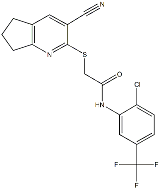 N-[2-chloro-5-(trifluoromethyl)phenyl]-2-[(3-cyano-6,7-dihydro-5H-cyclopenta[b]pyridin-2-yl)sulfanyl]acetamide Struktur