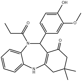 11-(4-hydroxy-3-methoxyphenyl)-3,3-dimethyl-10-propionyl-2,3,4,5,10,11-hexahydro-1H-dibenzo[b,e][1,4]diazepin-1-one Struktur