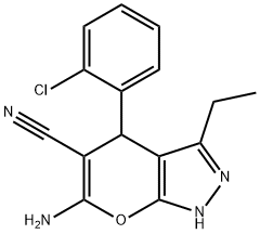 6-amino-4-(2-chlorophenyl)-3-ethyl-1,4-dihydropyrano[2,3-c]pyrazole-5-carbonitrile Struktur