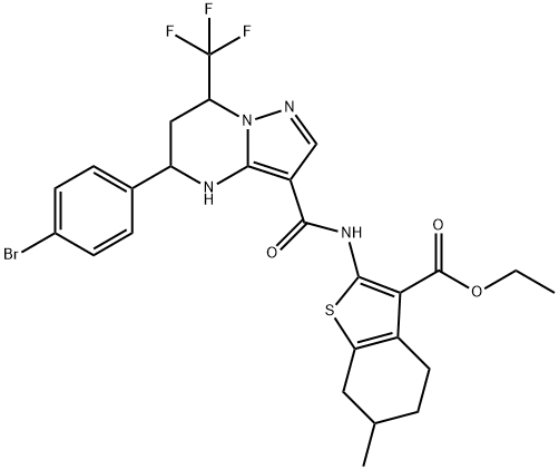 ethyl 2-({[5-(4-bromophenyl)-7-(trifluoromethyl)-4,5,6,7-tetrahydropyrazolo[1,5-a]pyrimidin-3-yl]carbonyl}amino)-6-methyl-4,5,6,7-tetrahydro-1-benzothiophene-3-carboxylate Struktur