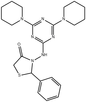 3-{[4,6-di(1-piperidinyl)-1,3,5-triazin-2-yl]amino}-2-phenyl-1,3-thiazolidin-4-one Struktur