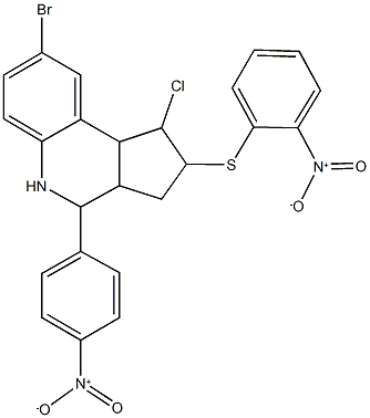 8-bromo-1-chloro-4-{4-nitrophenyl}-2-({2-nitrophenyl}sulfanyl)-2,3,3a,4,5,9b-hexahydro-1H-cyclopenta[c]quinoline Struktur