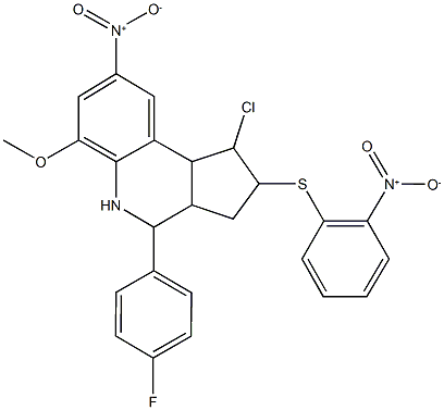 1-chloro-4-(4-fluorophenyl)-8-nitro-2-({2-nitrophenyl}sulfanyl)-6-methoxy-2,3,3a,4,5,9b-hexahydro-1H-cyclopenta[c]quinoline Struktur