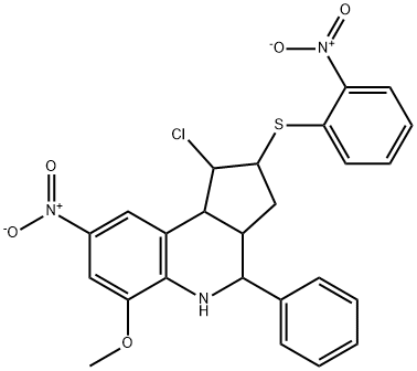 1-chloro-8-nitro-2-({2-nitrophenyl}sulfanyl)-6-methoxy-4-phenyl-2,3,3a,4,5,9b-hexahydro-1H-cyclopenta[c]quinoline Struktur