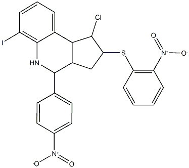 1-chloro-4-{4-nitrophenyl}-2-({2-nitrophenyl}sulfanyl)-6-iodo-2,3,3a,4,5,9b-hexahydro-1H-cyclopenta[c]quinoline Struktur