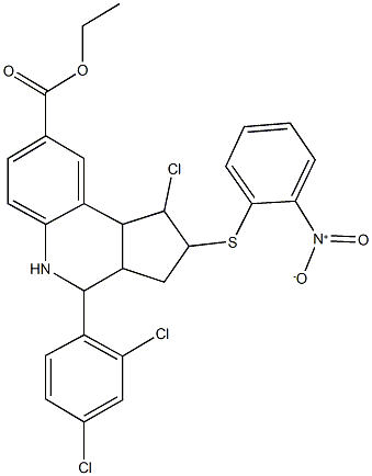 ethyl 1-chloro-4-(2,4-dichlorophenyl)-2-({2-nitrophenyl}sulfanyl)-2,3,3a,4,5,9b-hexahydro-1H-cyclopenta[c]quinoline-8-carboxylate Struktur