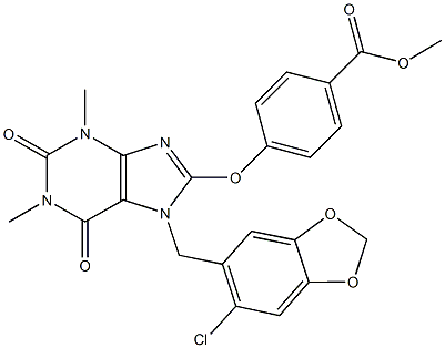 methyl 4-({7-[(6-chloro-1,3-benzodioxol-5-yl)methyl]-1,3-dimethyl-2,6-dioxo-2,3,6,7-tetrahydro-1H-purin-8-yl}oxy)benzoate Struktur