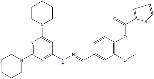 4-{2-[2,6-di(1-piperidinyl)-4-pyrimidinyl]carbohydrazonoyl}-2-methoxyphenyl 2-thiophenecarboxylate Struktur