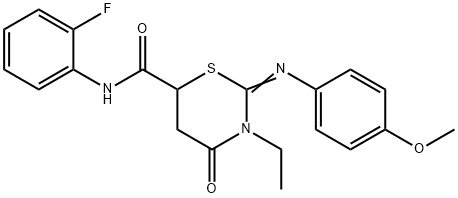 3-ethyl-N-(2-fluorophenyl)-2-[(4-methoxyphenyl)imino]-4-oxo-1,3-thiazinane-6-carboxamide Struktur