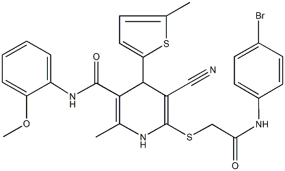 6-{[2-(4-bromoanilino)-2-oxoethyl]sulfanyl}-5-cyano-N-(2-methoxyphenyl)-2-methyl-4-(5-methyl-2-thienyl)-1,4-dihydro-3-pyridinecarboxamide Struktur