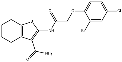 2-{[(2-bromo-4-chlorophenoxy)acetyl]amino}-4,5,6,7-tetrahydro-1-benzothiophene-3-carboxamide Struktur