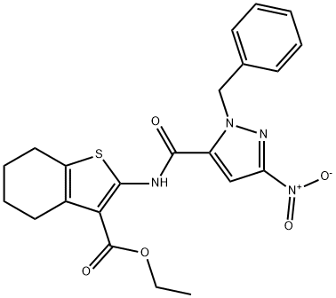 ethyl 2-[({1-benzyl-3-nitro-1H-pyrazol-5-yl}carbonyl)amino]-4,5,6,7-tetrahydro-1-benzothiophene-3-carboxylate Struktur