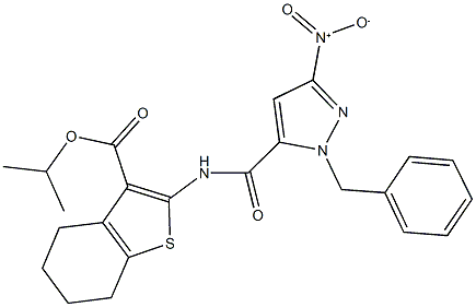 isopropyl 2-[({1-benzyl-3-nitro-1H-pyrazol-5-yl}carbonyl)amino]-4,5,6,7-tetrahydro-1-benzothiophene-3-carboxylate Struktur