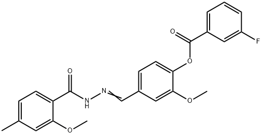 2-methoxy-4-[2-(2-methoxy-4-methylbenzoyl)carbohydrazonoyl]phenyl 3-fluorobenzoate Struktur