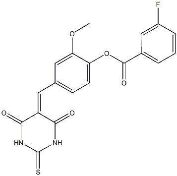 4-[(4,6-dioxo-2-thioxotetrahydro-5(2H)-pyrimidinylidene)methyl]-2-methoxyphenyl3-fluorobenzoate Struktur