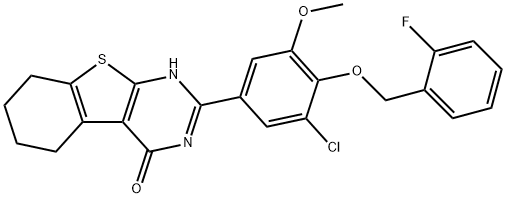 2-{3-chloro-4-[(2-fluorobenzyl)oxy]-5-methoxyphenyl}-5,6,7,8-tetrahydro[1]benzothieno[2,3-d]pyrimidin-4(3H)-one Struktur